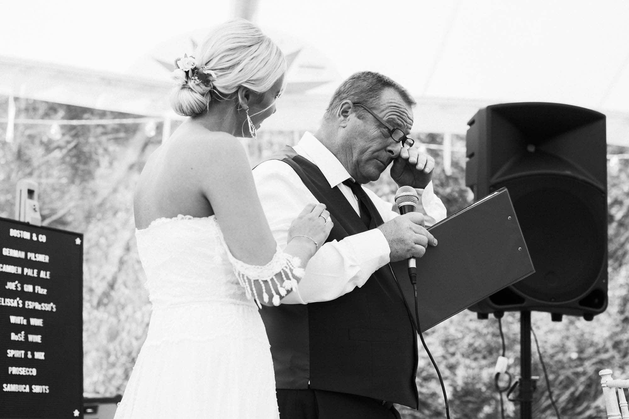 father of bride crys during speech